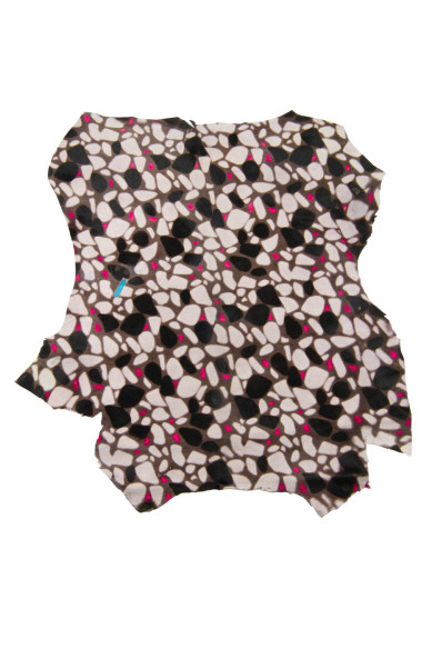 GEOMETRIC printed HAIR ON leather hide, cream, black and fuchsia tones, graphic textured pony calfskin, cowhide for crafting