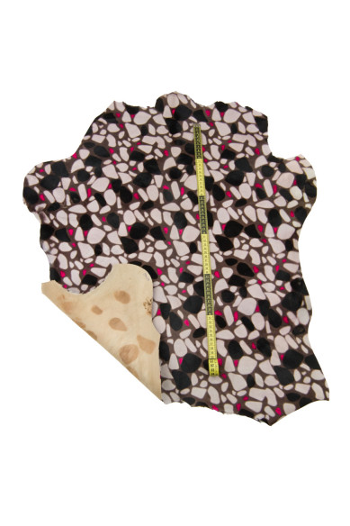 Pelle CAVALLINO in vitello, stampa GEOMETRICA dai toni beige, nero e fucsia, pellame pony stampato per artigiani