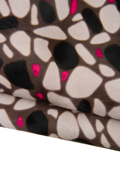 GEOMETRIC printed HAIR ON leather hide, cream, black and fuchsia tones, graphic textured pony calfskin, cowhide for crafting