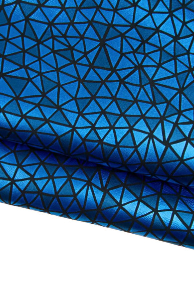 Pellame blu nero laminato stampa GEOMETRICA, capra metallizzata stampata a triangoli, pelle morbida per l'artigianato